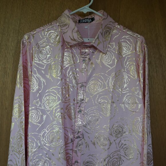 New! ZEROYAA Men's Medium Pink Floral Button-Down Shirt (Gold Rose) - Picture 1 of 7